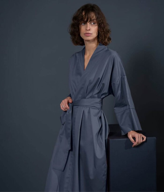 Sateen kimono bathrobe Solid Oxford Blue - Image 2