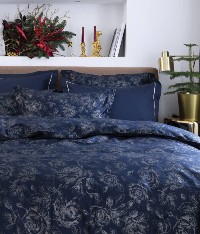 Sateen bed linen set Rose Line Royal Blue - Image 1
